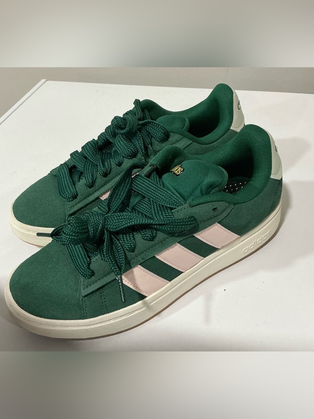 adidas Women’s Green Suede Sneakers with Light Pink Stripes